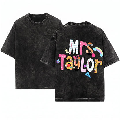 Custom Personalized Teacher Name Doodle Cute Back To School Appreciation Gift Mrs Woman Unisex Wash T-Shirt