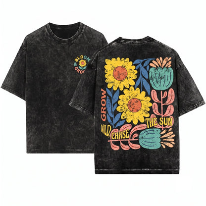 Boho Abstract Floral Graphic Vintage Aesthetic Print Unisex Wash T-Shirt