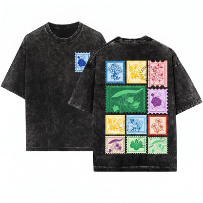 Floral Postal Stamp Wildflower Graphic Unisex Wash T-Shirt