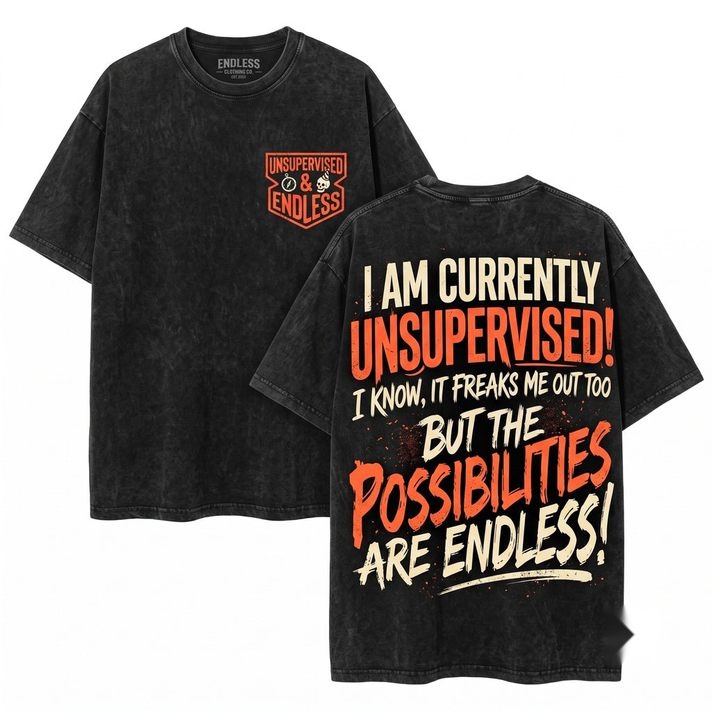 I Am Currently Unsupervised Sarcastic Humorous Novelty Present Men Women Birthday Holiday Friend Unisex Wash T-Shirt
