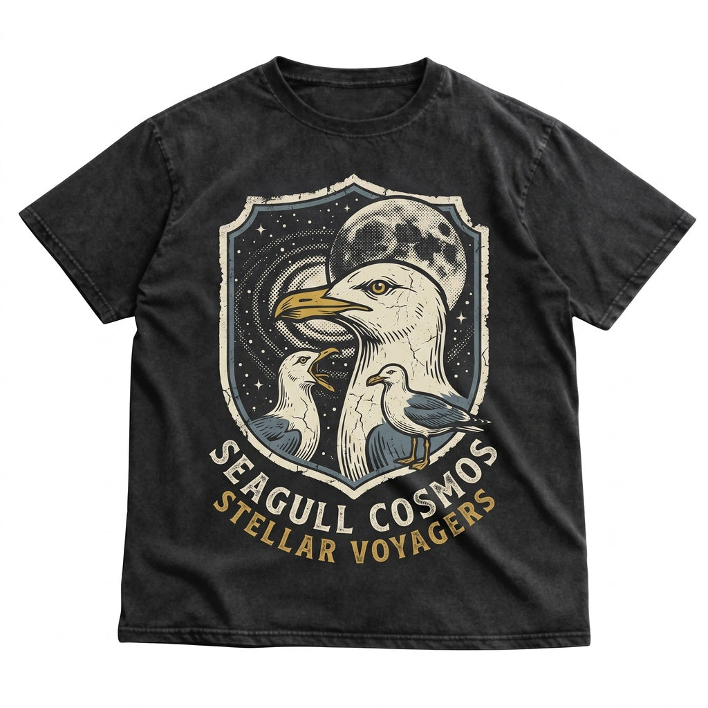 Three Seagulls Vintage Moon Graphic Retro Ocean Wildlife Funny Coastal Bird Lover Gift Unisex TShirt