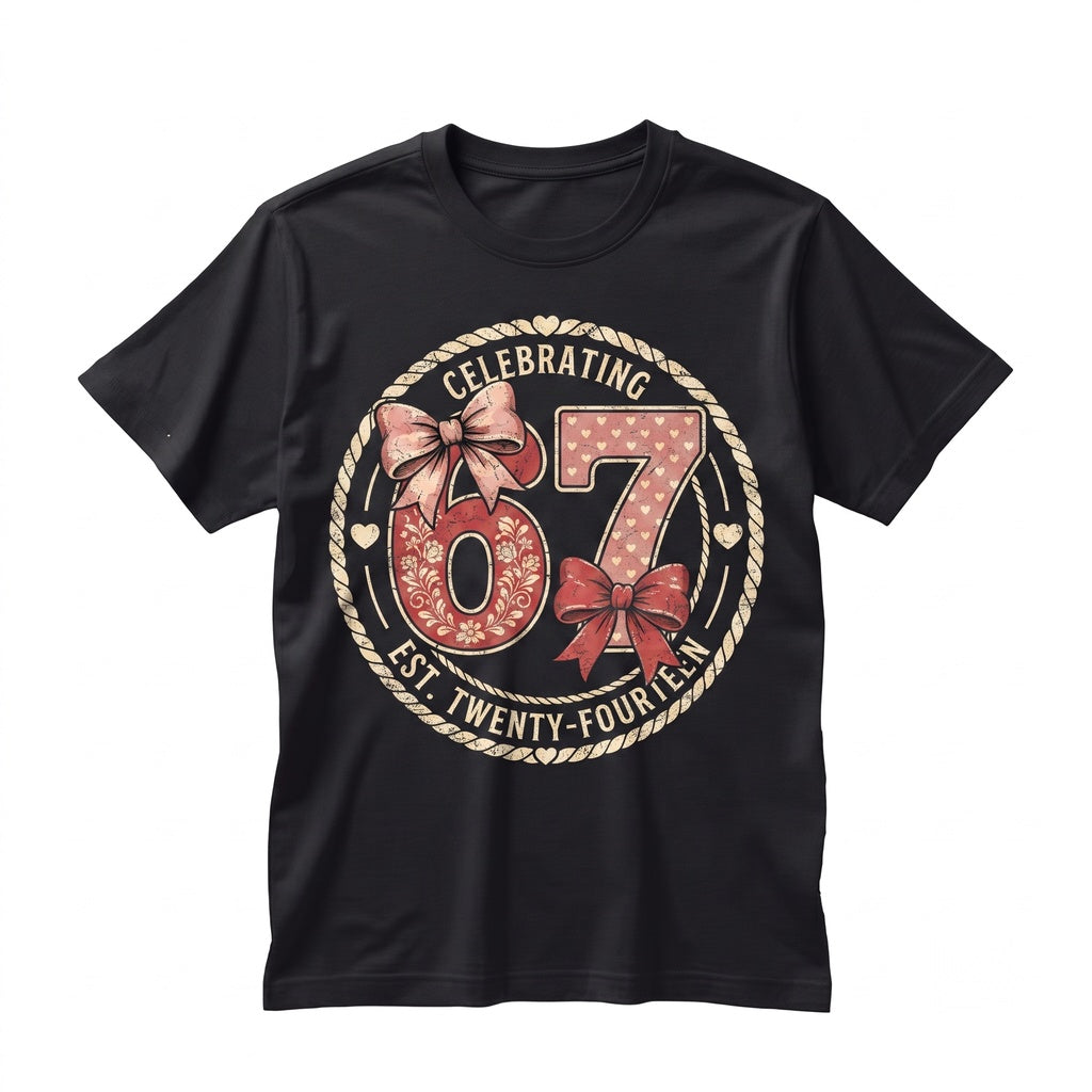 Retro 67 Valentine Day Coquette Bow Love Six Seven Pink Red Checkered Hearts Funny Number Meme Unisex TShirt
