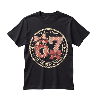 Retro 67 Valentine Day Coquette Bow Love Six Seven Pink Red Checkered Hearts Funny Number Meme Unisex TShirt