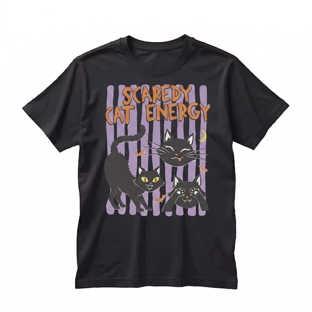 Scaredy Cat Energy Halloween Spooky Funny Vintage Garment Dyed Black Feline Graphic Unisex TShirt