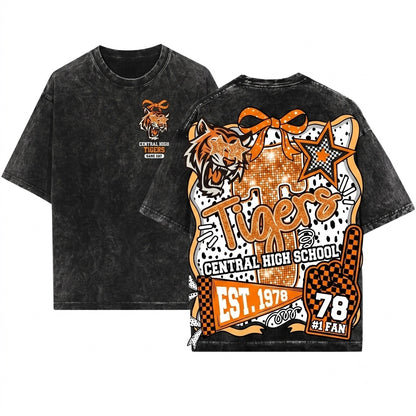 Custom Tigers Mascot Coquette School Spirit Football Game Day Touchdown Team PNG Unisex Wash T-Shirt