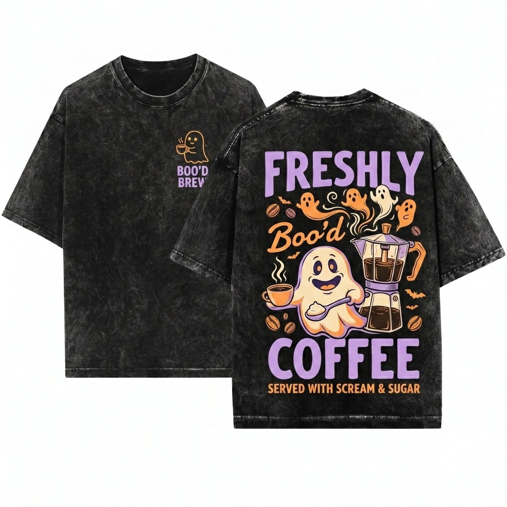 Freshly Bood Spooky Cute Ghost Skeleton Coffee Lover Halloween Gift Unisex Wash T-Shirt