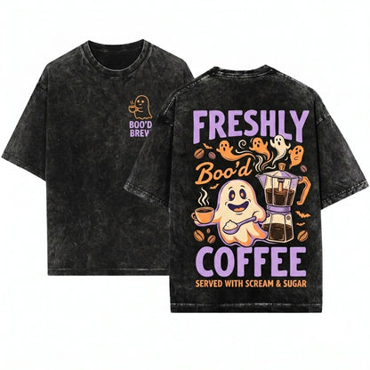 Freshly Bood Spooky Cute Ghost Skeleton Coffee Lover Halloween Gift Unisex Wash T-Shirt
