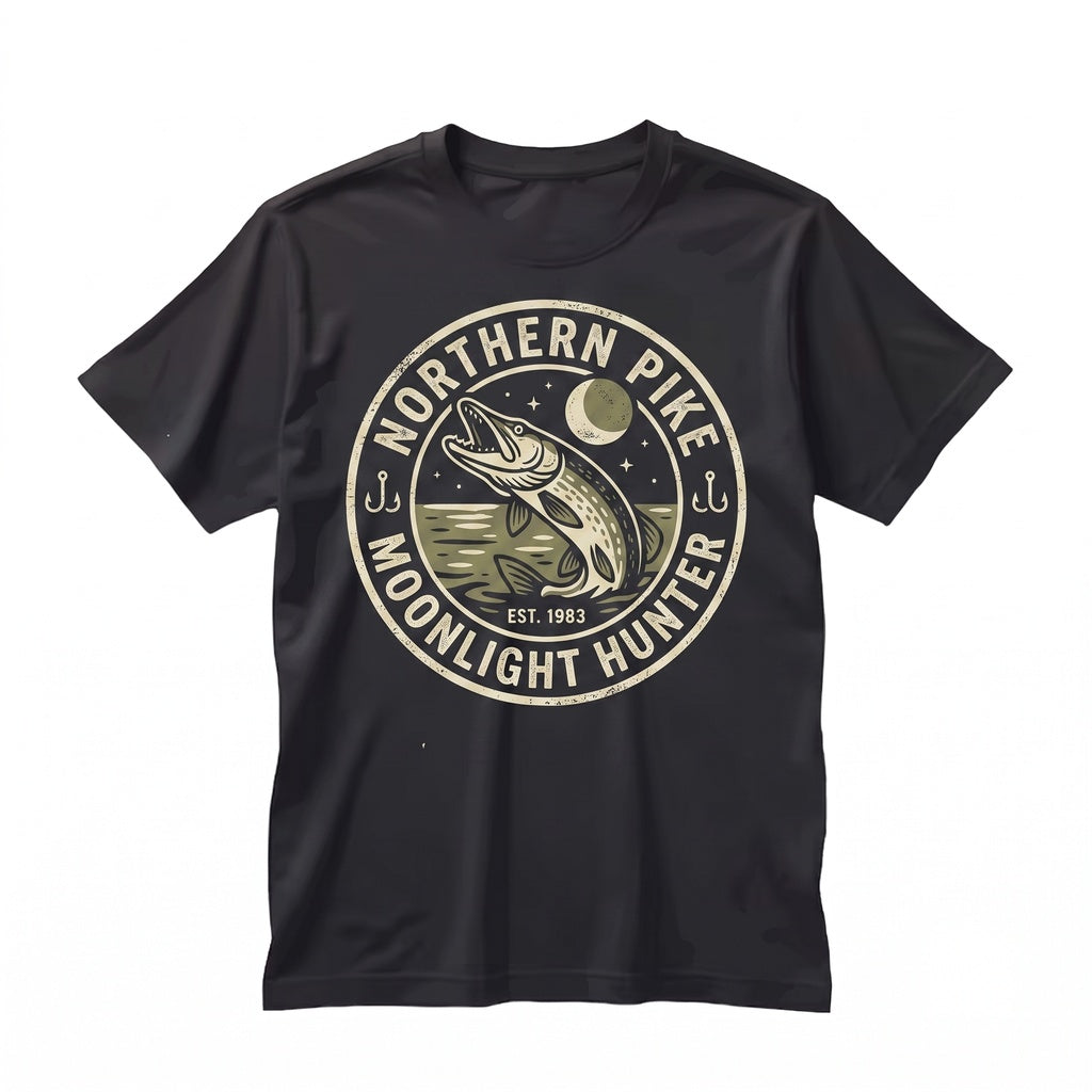 Northern Pike Moonlit Lake 90s Fishing Graphic Outdoor Adventure Fisherman Gift Unisex TShirt