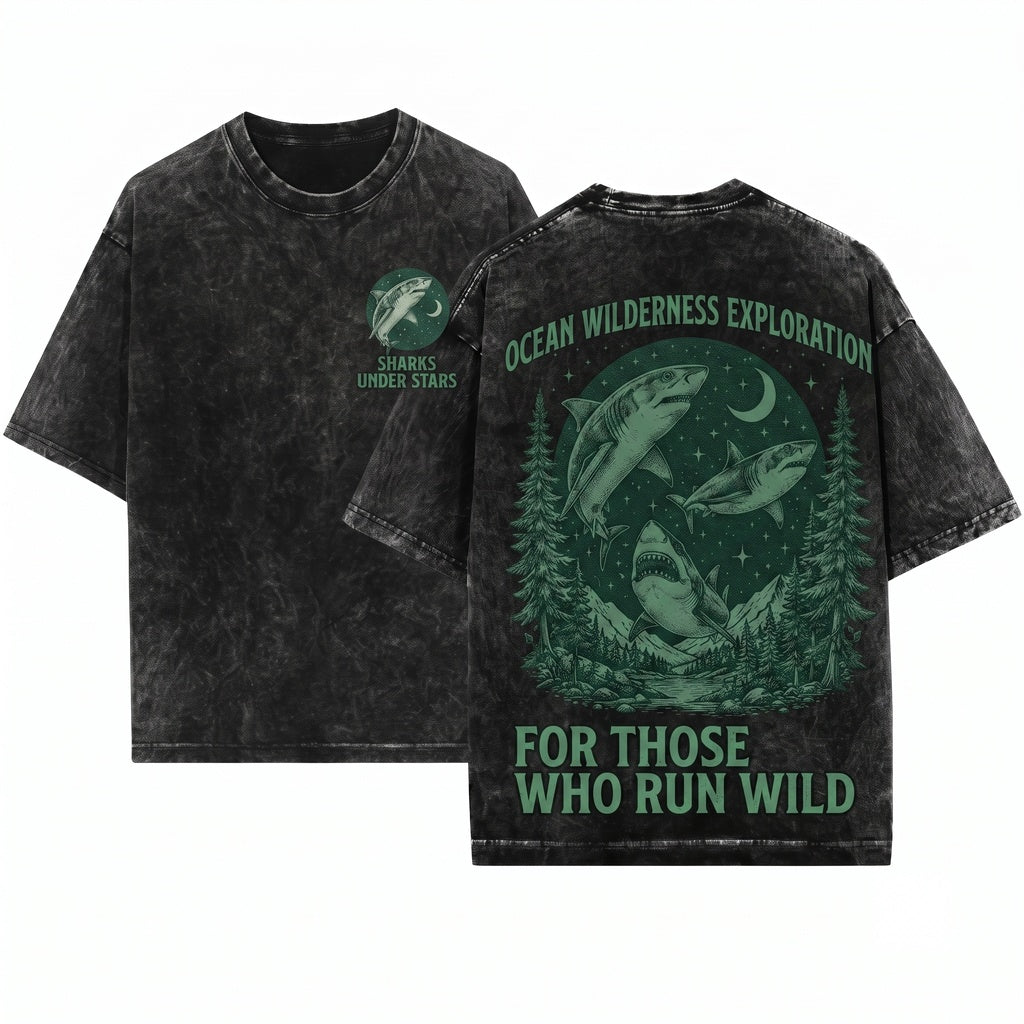 Mystic Shark Moonlit Ocean Wildlife Vintage Nature Adventure Marine Graphic Unisex Wash T-Shirt