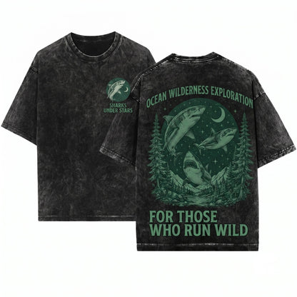 Mystic Shark Moonlit Ocean Wildlife Vintage Nature Adventure Marine Graphic Unisex Wash T-Shirt