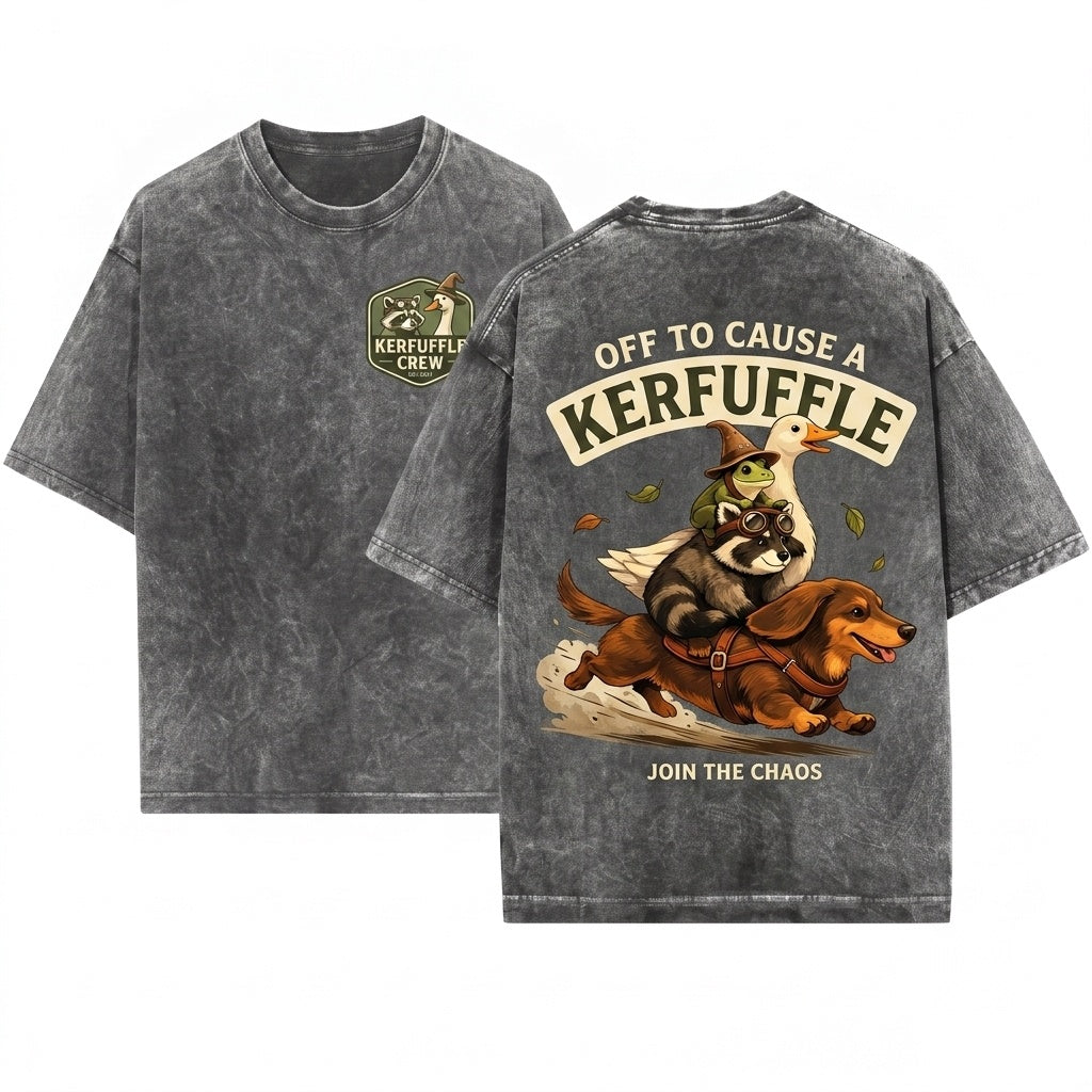 Off to Cause a Kerfuffle Funny Meme Animal Dachshund Frog Raccoon Silly Goose Graphic Unisex Wash T-Shirt