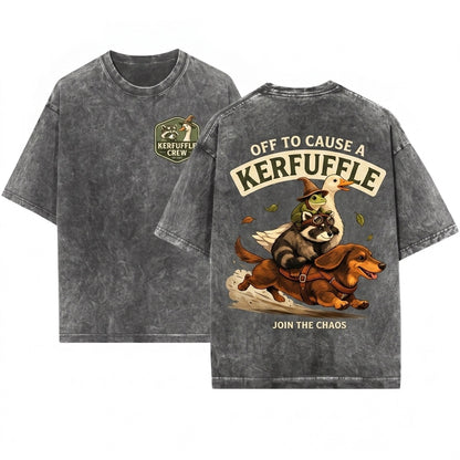 Off to Cause a Kerfuffle Funny Meme Animal Dachshund Frog Raccoon Silly Goose Graphic Unisex Wash T-Shirt
