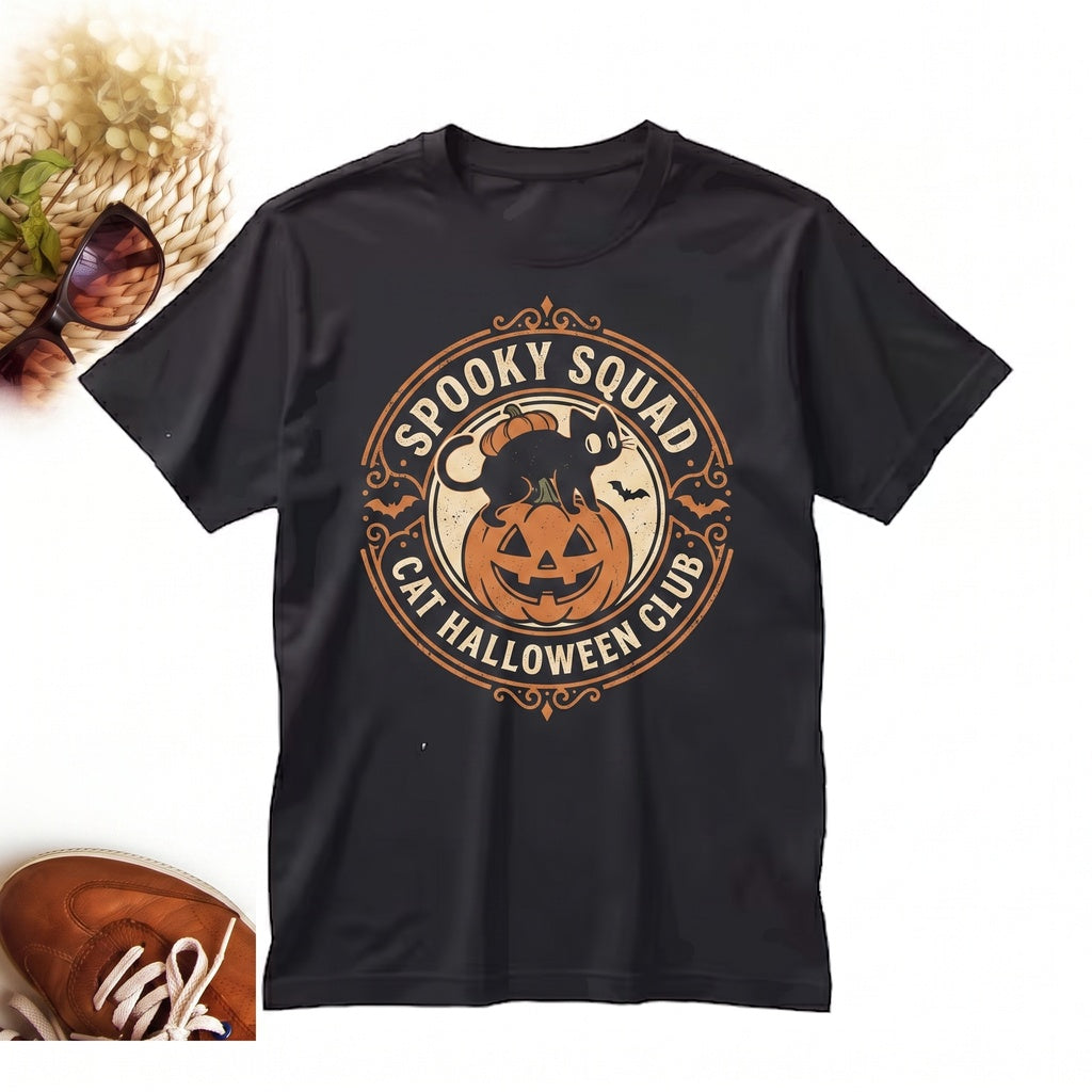 Vintage Halloween Jack-o-Lantern Pumpkin Black Cat Fall Crewneck Sweater Graphic Pullover Unisex TShirt
