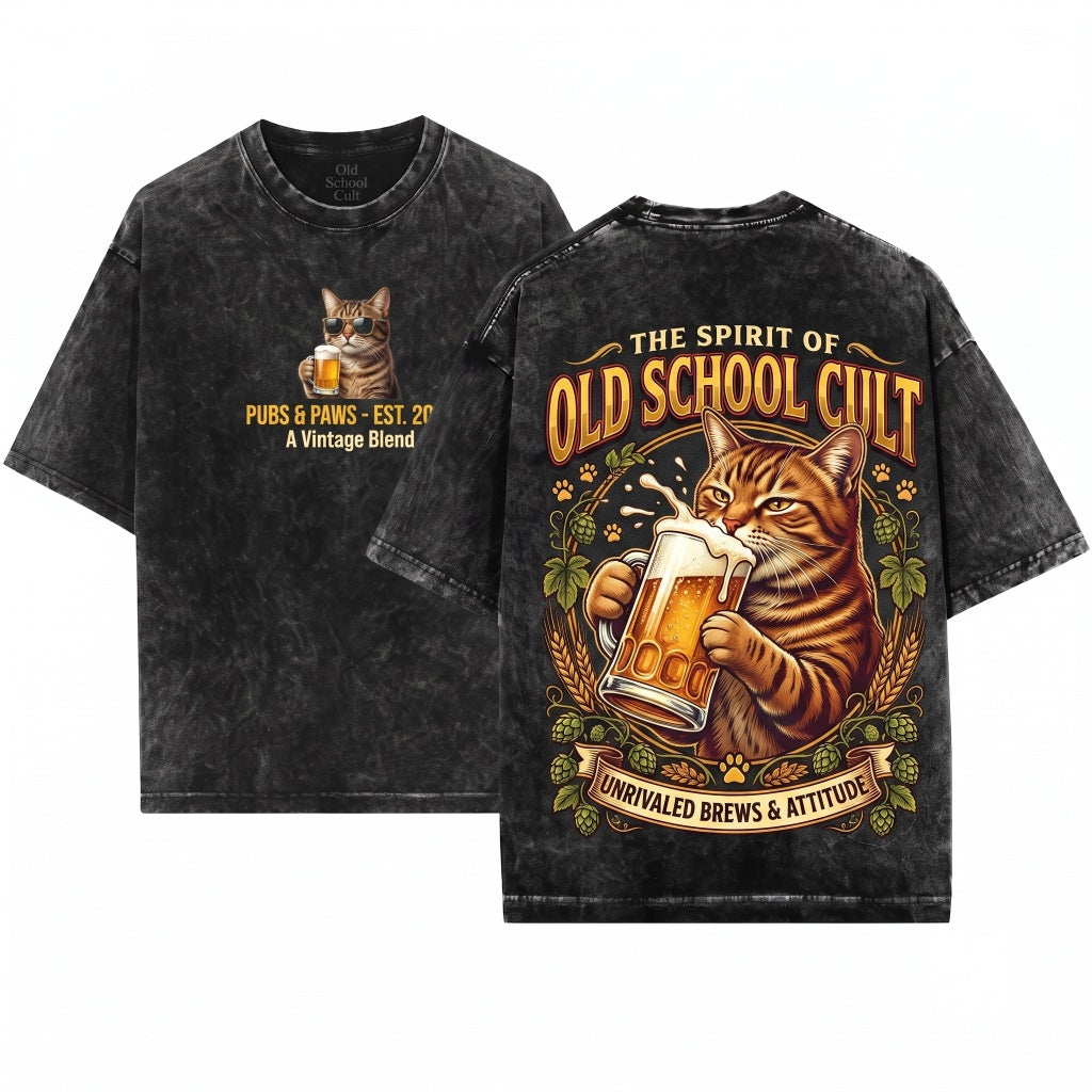 Cat Beer Vintage 90s Funny Meme Drunk Fun Kitty Graphic Unisex Wash T-Shirt