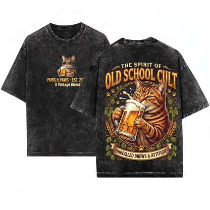 Cat Beer Vintage 90s Funny Meme Drunk Fun Kitty Graphic Unisex Wash T-Shirt