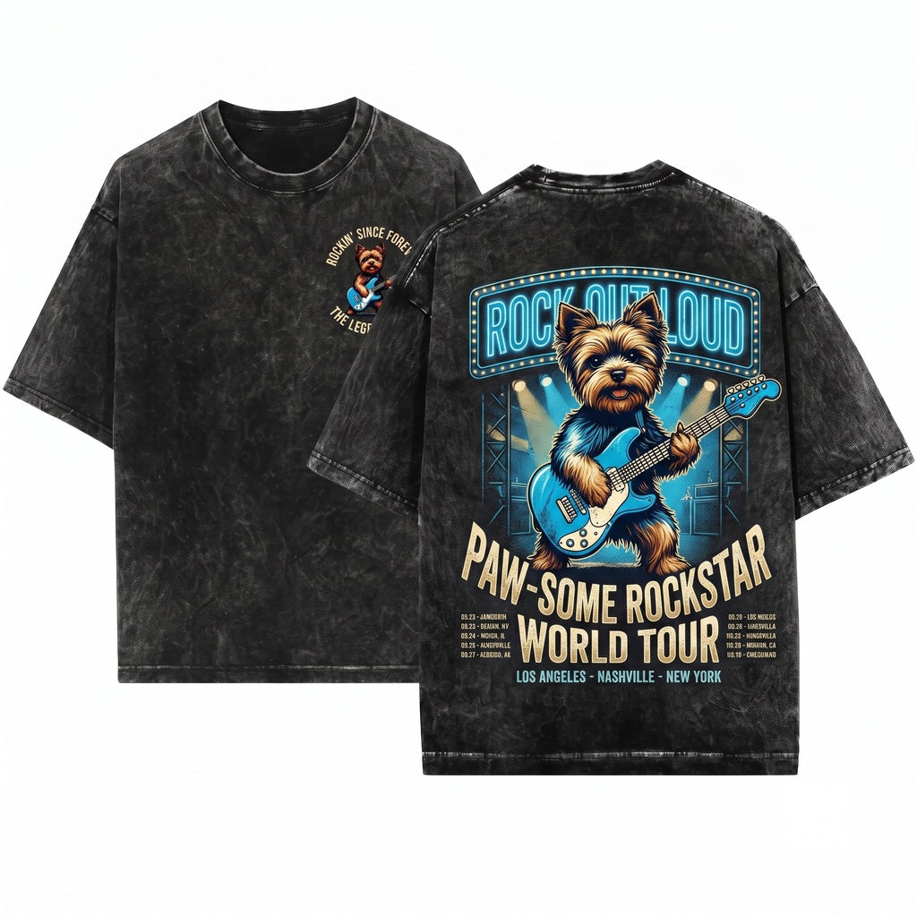 Vintage Yorkie Rock Dog Playing Electric Guitar Musician Humorous Present Unisex Wash T-Shirt
