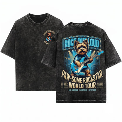 Vintage Yorkie Rock Dog Playing Electric Guitar Musician Humorous Present Unisex Wash T-Shirt