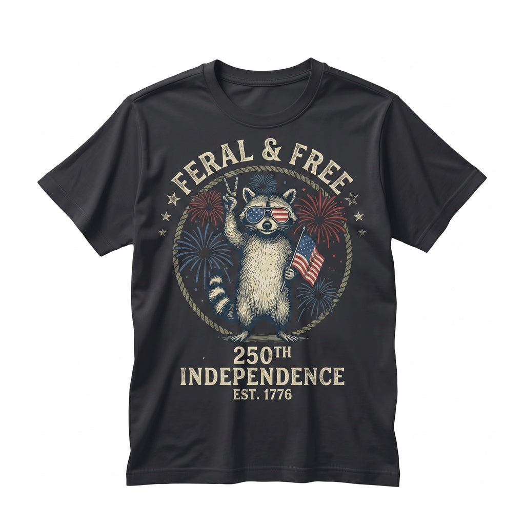 Feral Free Raccoon Trash Panda Funny Unhinged Animal Meme 250th Independence Day 4th of July Unisex TShirt