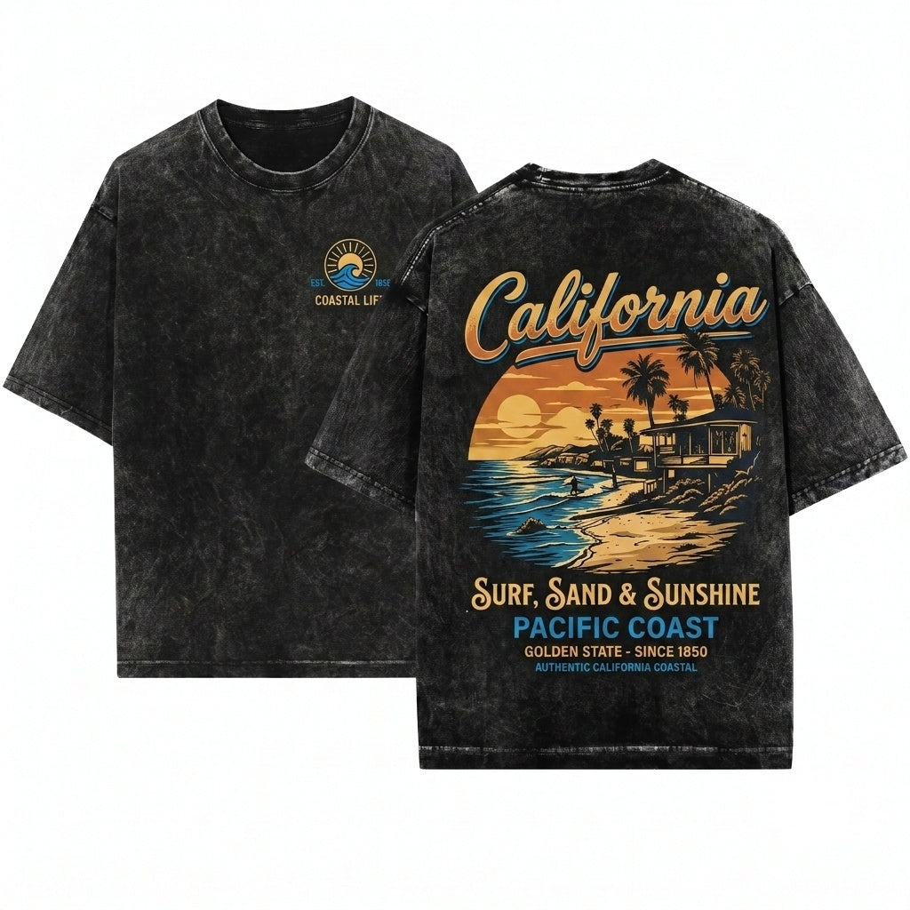 Vintage California Summer Beach Vibes Vacation Graphic Grunge Boho Aesthetic Travel Unisex Wash T-Shirt