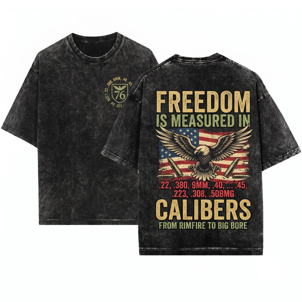 Freedom Comes In Many Calibers 2nd Amendment Patriotic USA Flag Pro Gun Rights Graphic Unisex Wash T-Shirt