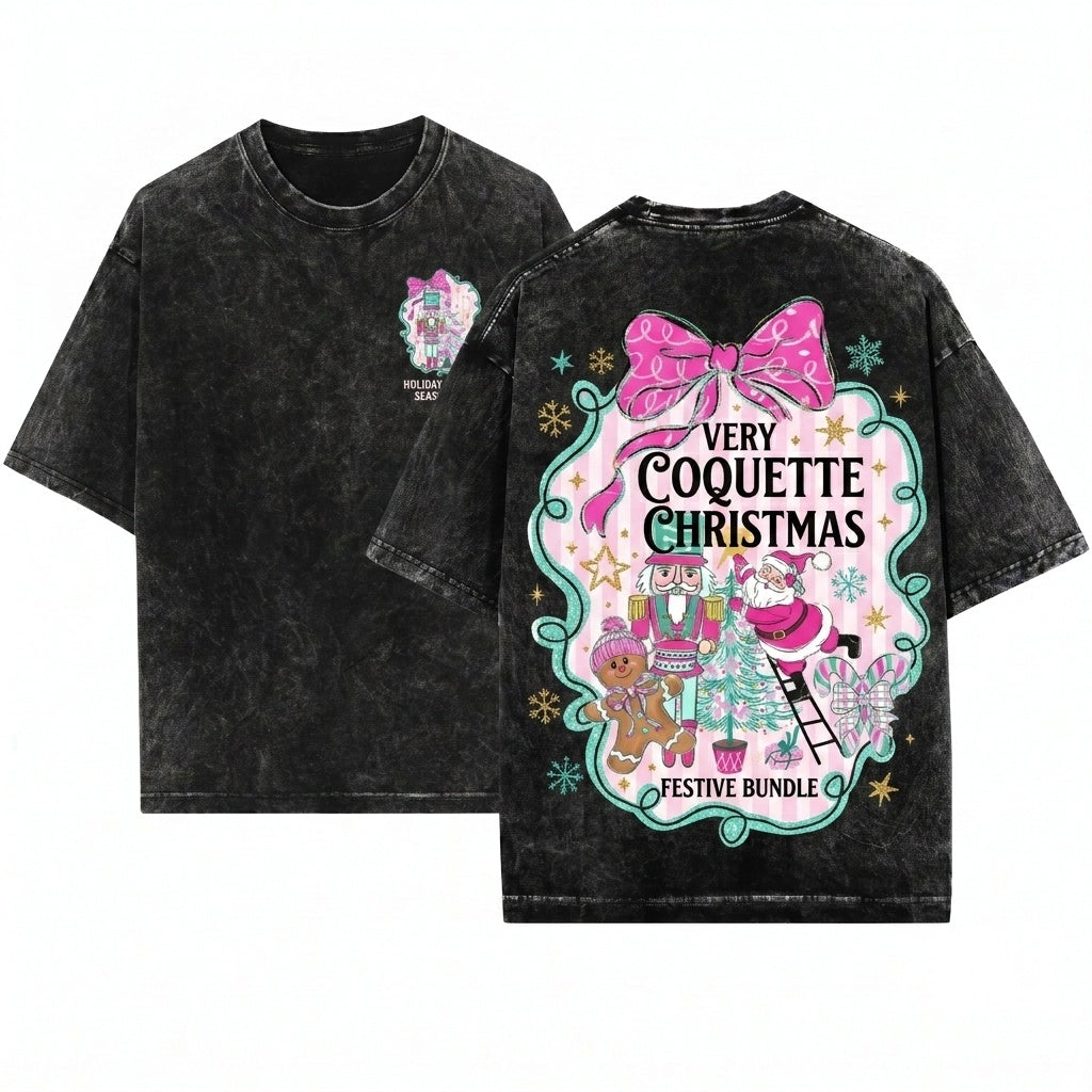 Glitter Pink Brushstroke Christmas Gingerbread Snowman Santa Nutcracker Coquette Tree Candy Unisex Wash T-Shirt