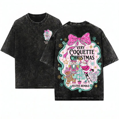 Glitter Pink Brushstroke Christmas Gingerbread Snowman Santa Nutcracker Coquette Tree Candy Unisex Wash T-Shirt