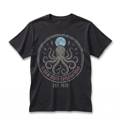 Vintage Octopus Lightning Moon Ocean Graphic Gothic Marine Life Sea Monster Men Women Unisex TShirt