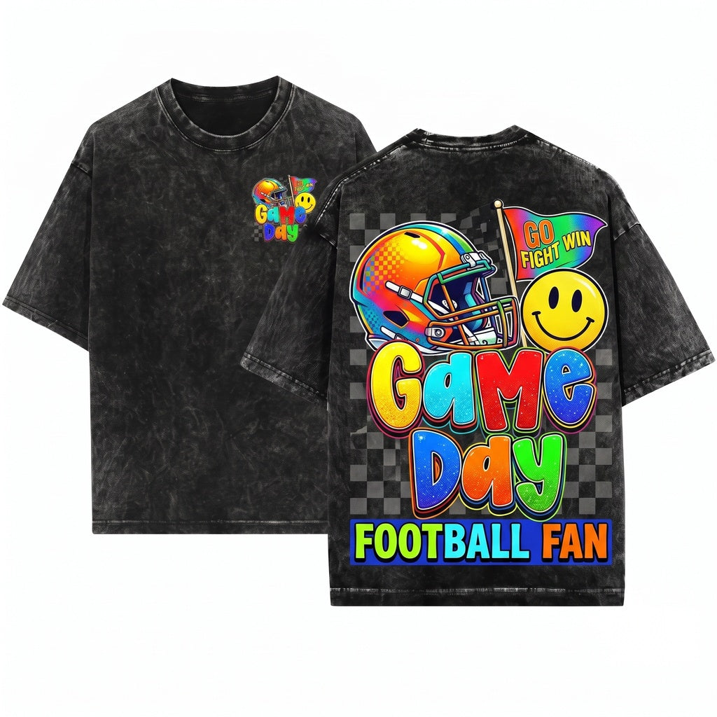 Retro Smiley Face Football Mascot Game Day Touchdown Coquette Custom Colors Unisex Wash T-Shirt