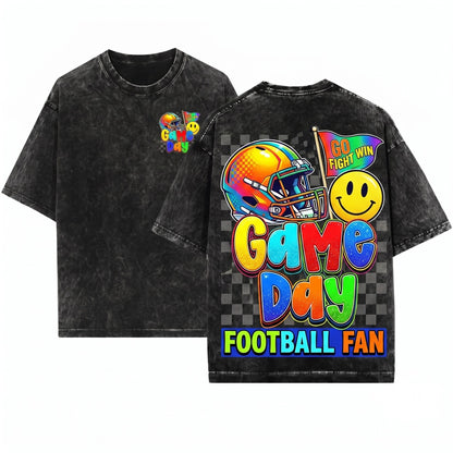 Retro Smiley Face Football Mascot Game Day Touchdown Coquette Custom Colors Unisex Wash T-Shirt
