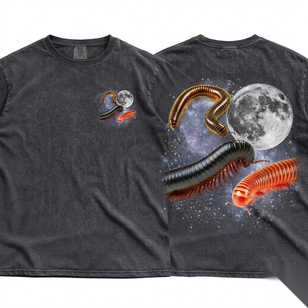 Three Millipede Moon Cosmic Bug Space Insect Celestial Arthropod Galaxy Graphic Unisex Wash T-Shirt