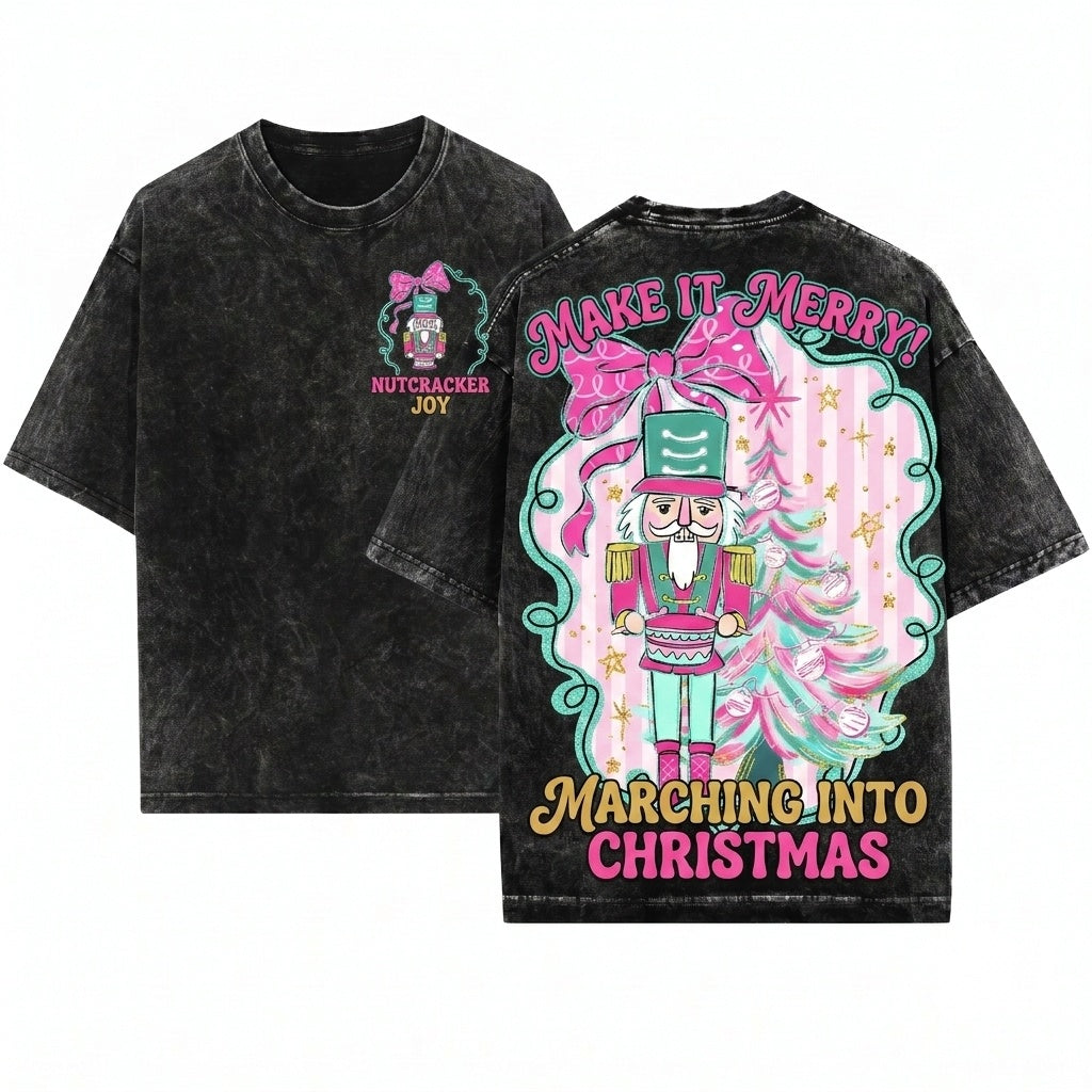 Glitter Pink Nutcracker Christmas Tree Colorful Brushstroke Blue Graphic Unisex Wash T-Shirt