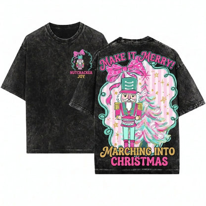 Glitter Pink Nutcracker Christmas Tree Colorful Brushstroke Blue Graphic Unisex Wash T-Shirt