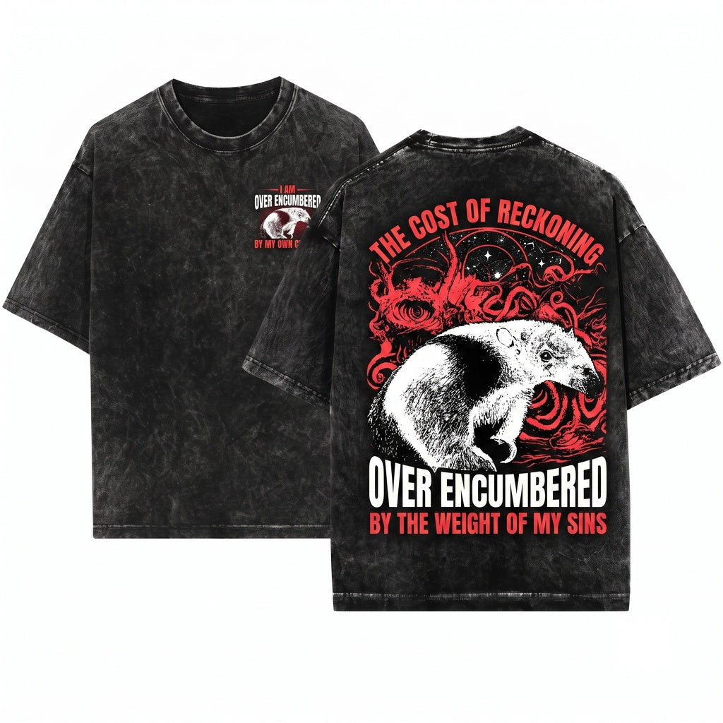 Over Encumbered Anteater Funny Gaming Graphic Heavy Loot Hoarder RPG Meme Vintage Animal Unisex Wash T-Shirt