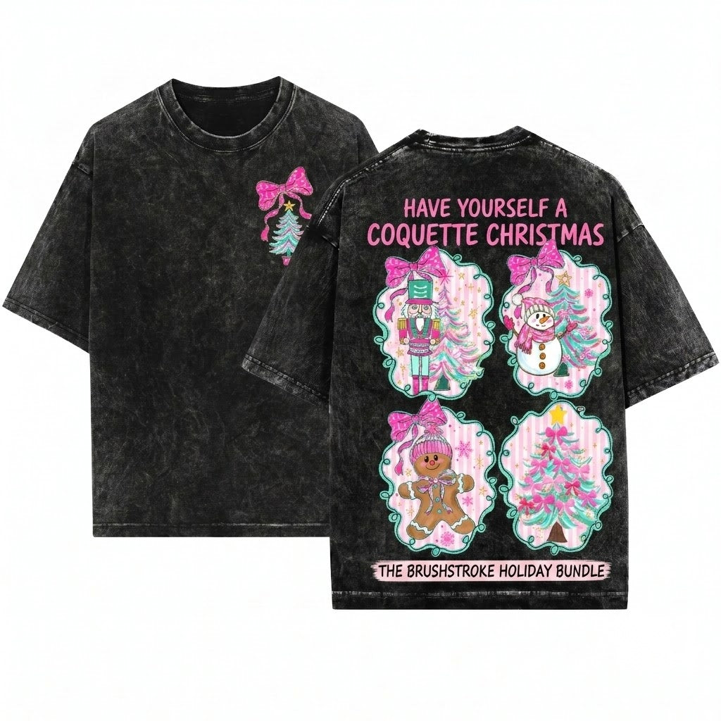 Glitter Pink Brushstroke Christmas Gingerbread Snowman Santa Nutcracker Coquette Tree Candy Unisex Wash T-Shirt
