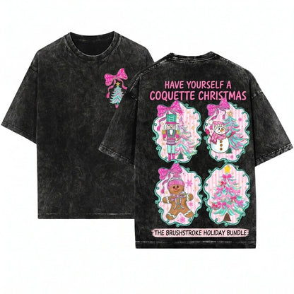 Glitter Pink Brushstroke Christmas Gingerbread Snowman Santa Nutcracker Coquette Tree Candy Unisex Wash T-Shirt