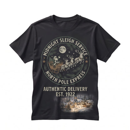 Vintage Santa Sleigh Reindeer Graphic Snowy Village Holiday Classic Christmas Gift Unisex TShirt