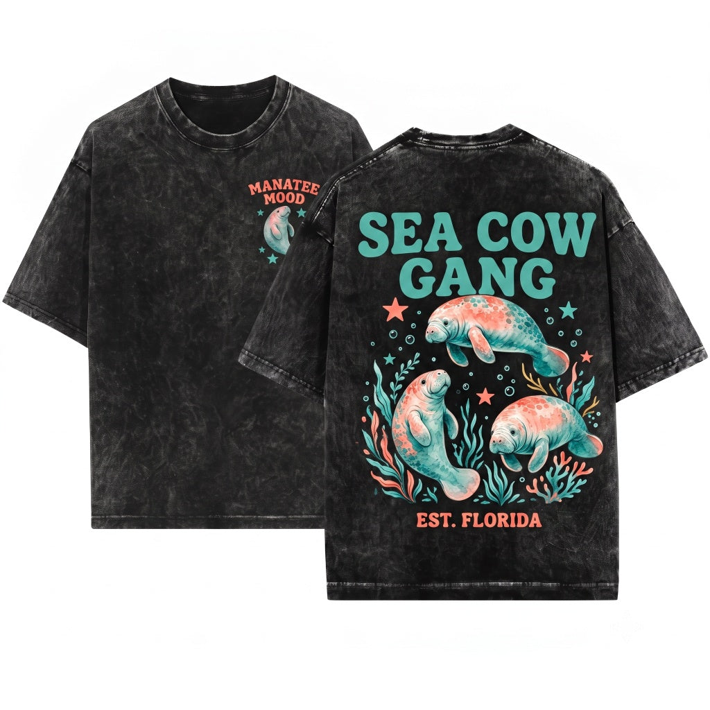 Vintage 90s Retro Manatee Sea Cow Ocean Lover Graphic Star Aesthetic Cute Y2K Gift Unisex Wash T-Shirt