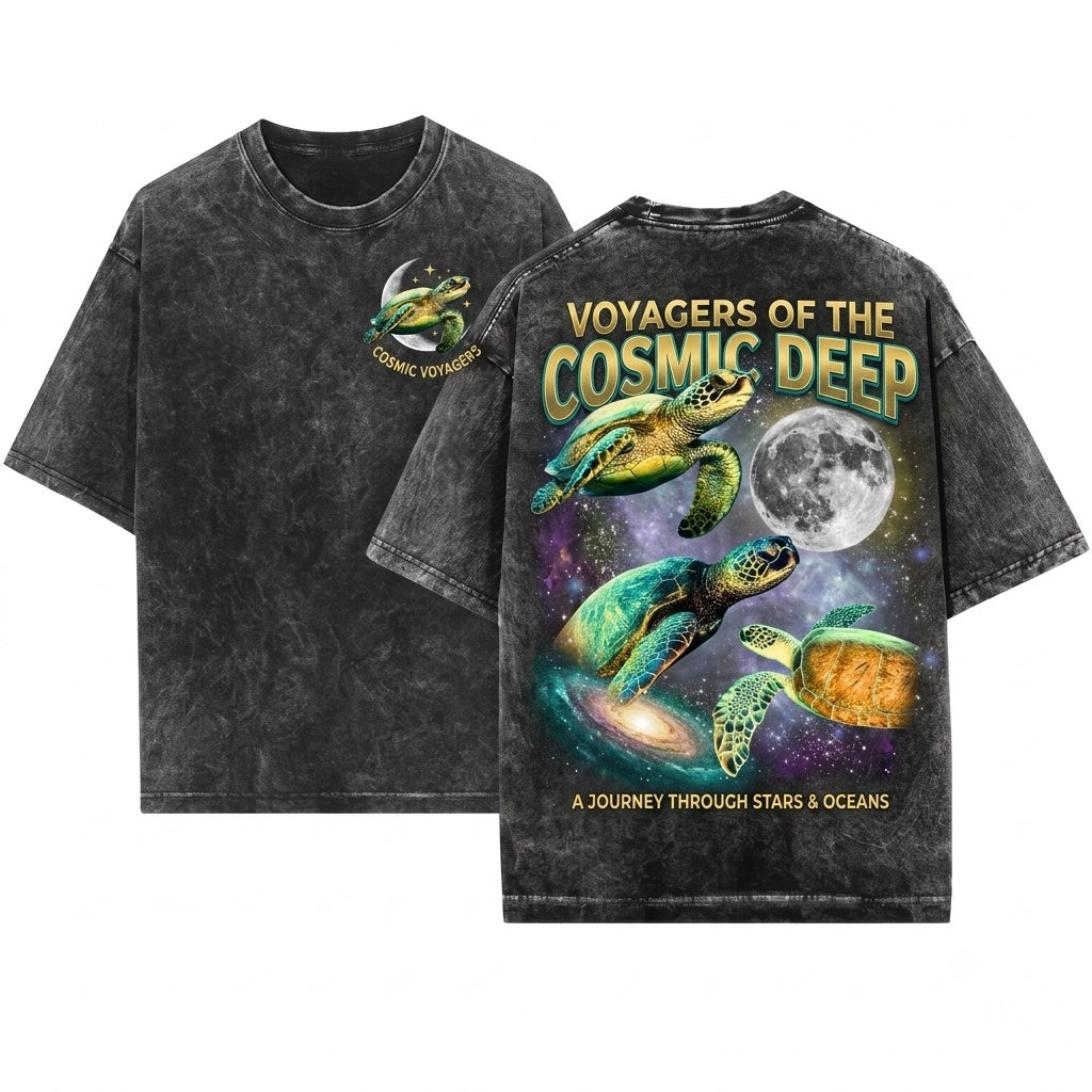 Three Sea Turtle Retro Vintage Moon Graphic Oversized Funny Gift Unisex Wash T-Shirt