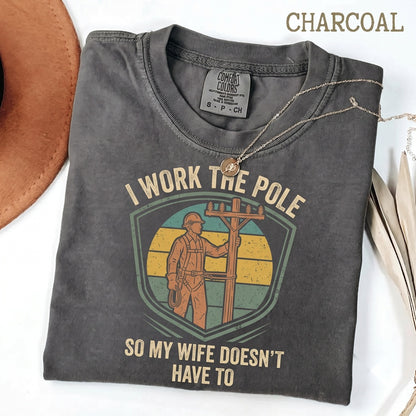 Lineman Humor I Work The Pole Retro Sunset Utility Electrician Gift Unisex TShirt