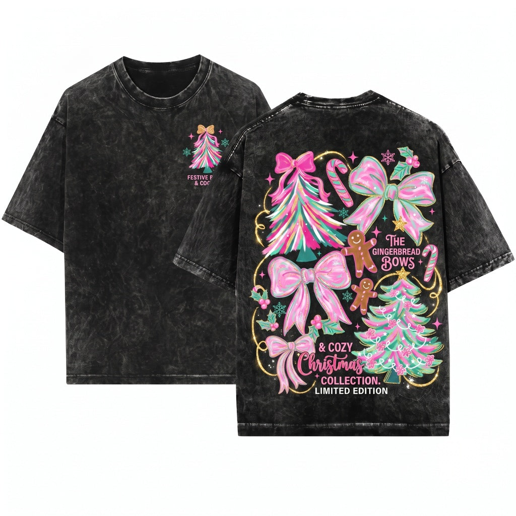 Merry Christmas Gingerbread Floral Brushstroke Tree Bow Pink Blue Coquette Bright PNG Unisex Wash T-Shirt
