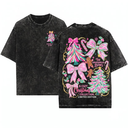 Merry Christmas Gingerbread Floral Brushstroke Tree Bow Pink Blue Coquette Bright PNG Unisex Wash T-Shirt