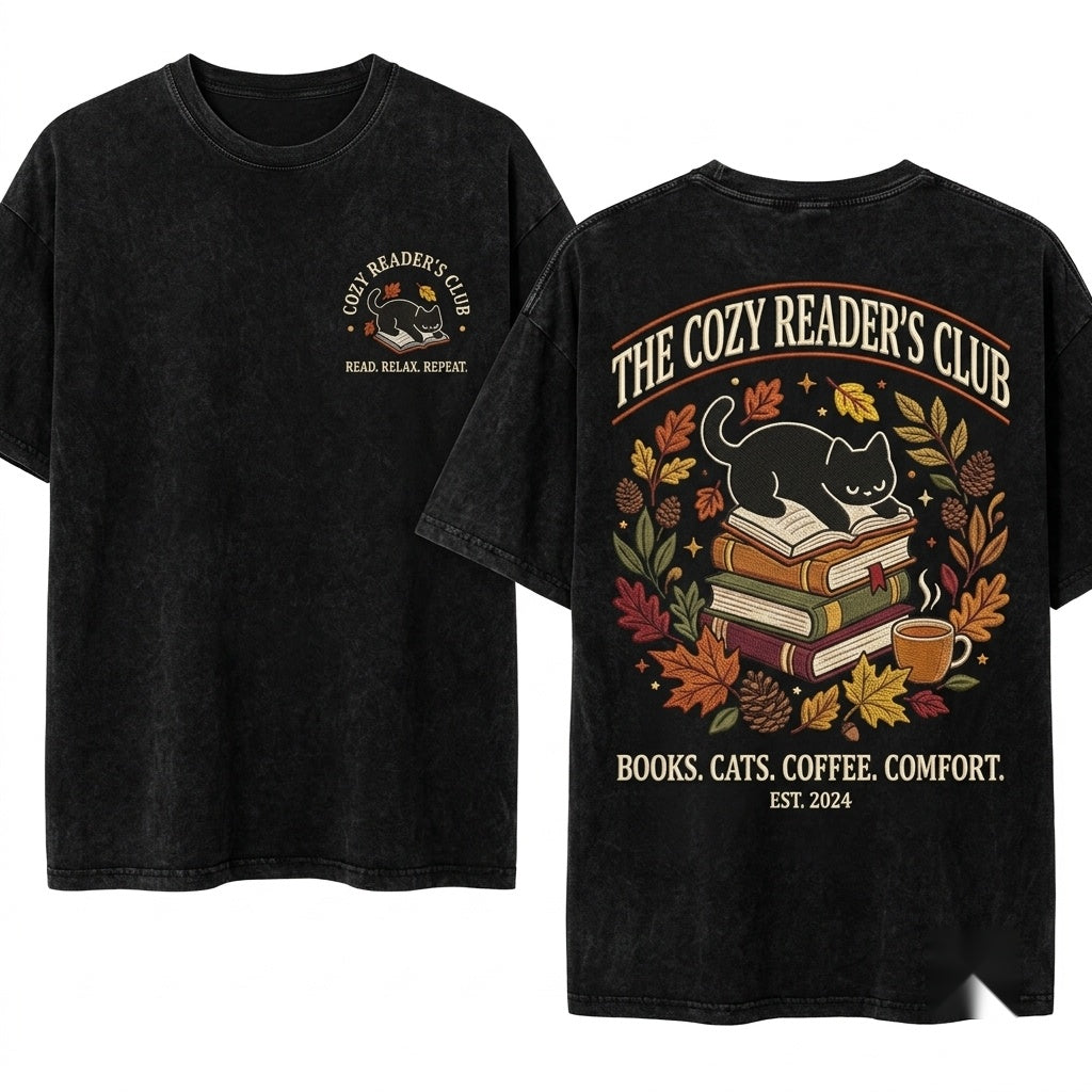 Embroidered Black Cat Napping on Book Cozy Autumn Leaves Literature Enthusiast Gift Unisex Wash T-Shirt