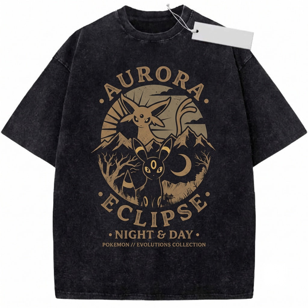 Espeon and Umbreon Vintage Wash Anime Graphic Retro Japanese Streetwear Oversized Sun Moon Gamer Gift Unisex TShirt