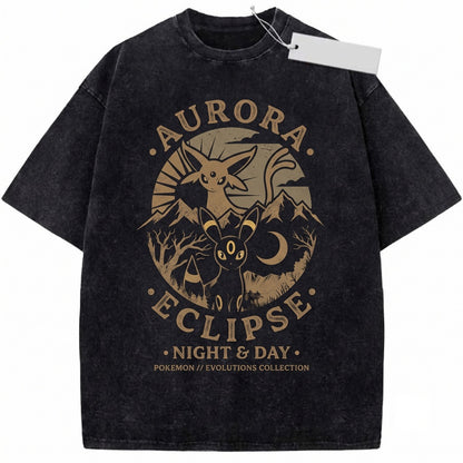 Espeon and Umbreon Vintage Wash Anime Graphic Retro Japanese Streetwear Oversized Sun Moon Gamer Gift Unisex TShirt