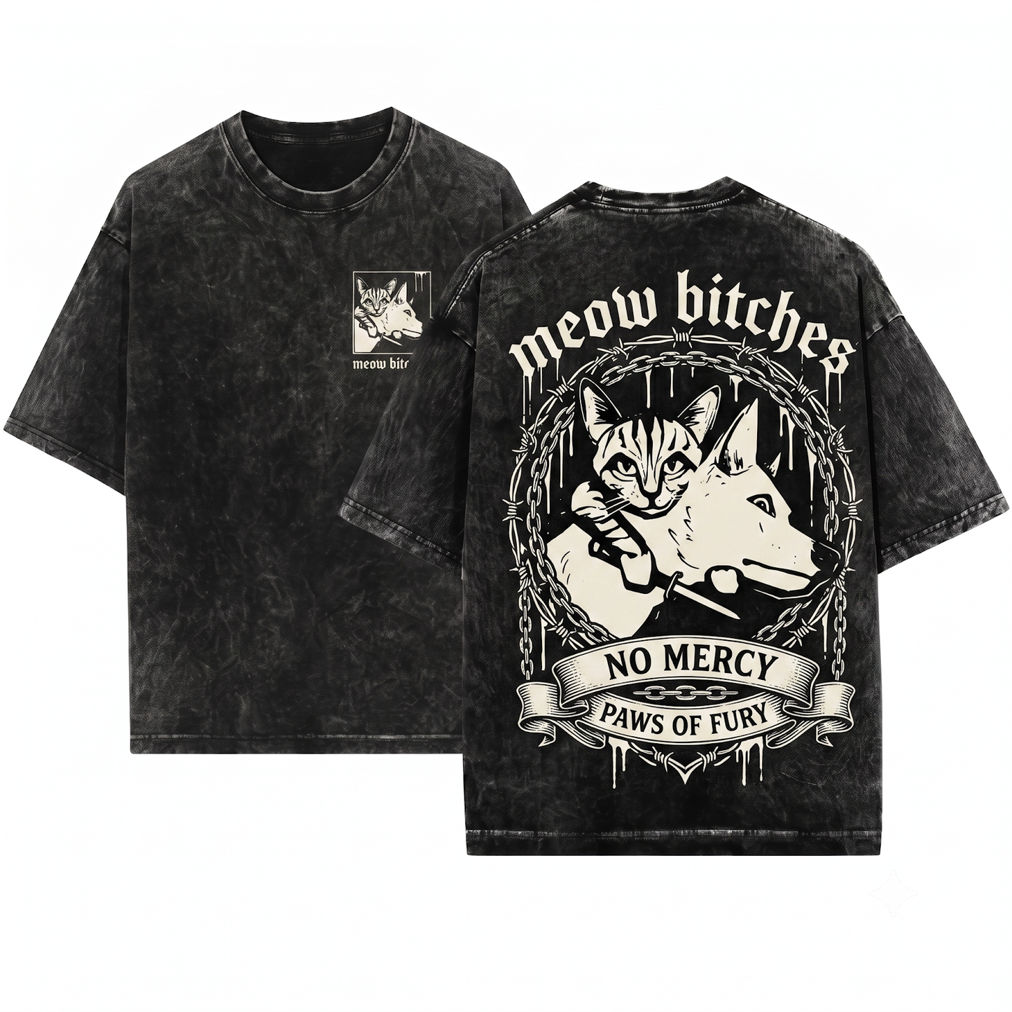 Funny Meow Bitches Cat with Knife Graphic Tee Sarcastic Dark Humor Pet Lover Apparel Edgy Cat Owner Gift Unisex Heavyweight Garment-Dyed T-Shirt