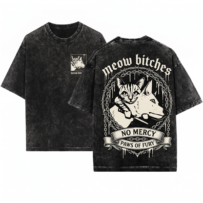 Funny Meow Bitches Cat with Knife Graphic Tee Sarcastic Dark Humor Pet Lover Apparel Edgy Cat Owner Gift Unisex Heavyweight Garment-Dyed T-Shirt