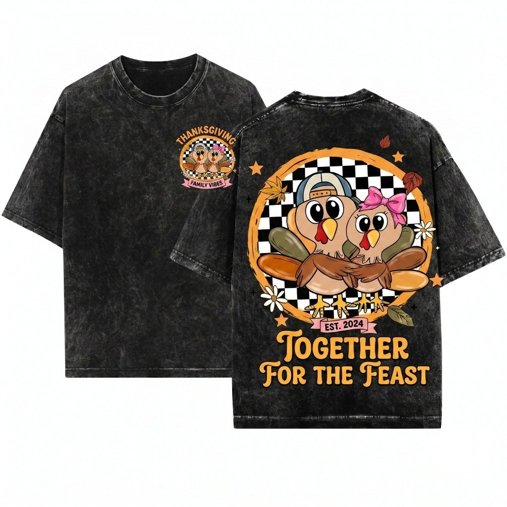 Cute Checkered Boy Girl Cap Brushstroke Turkey Thanksgiving Custom Graphic Kids Unisex Wash T-Shirt