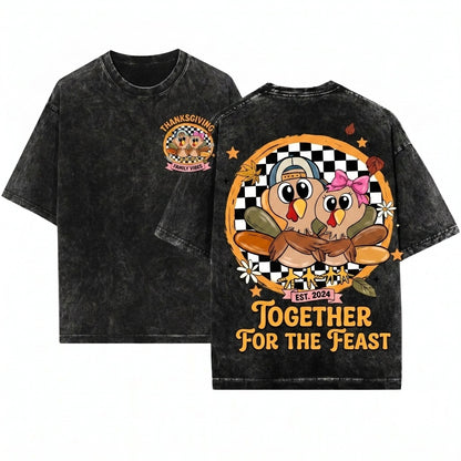 Cute Checkered Boy Girl Cap Brushstroke Turkey Thanksgiving Custom Graphic Kids Unisex Wash T-Shirt