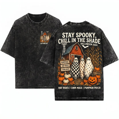 Tis The Season Ghost Trio Pumpkin Patch Farmhouse Halloween Checkered Floral Polka Dot Fall Unisex Wash T-Shirt