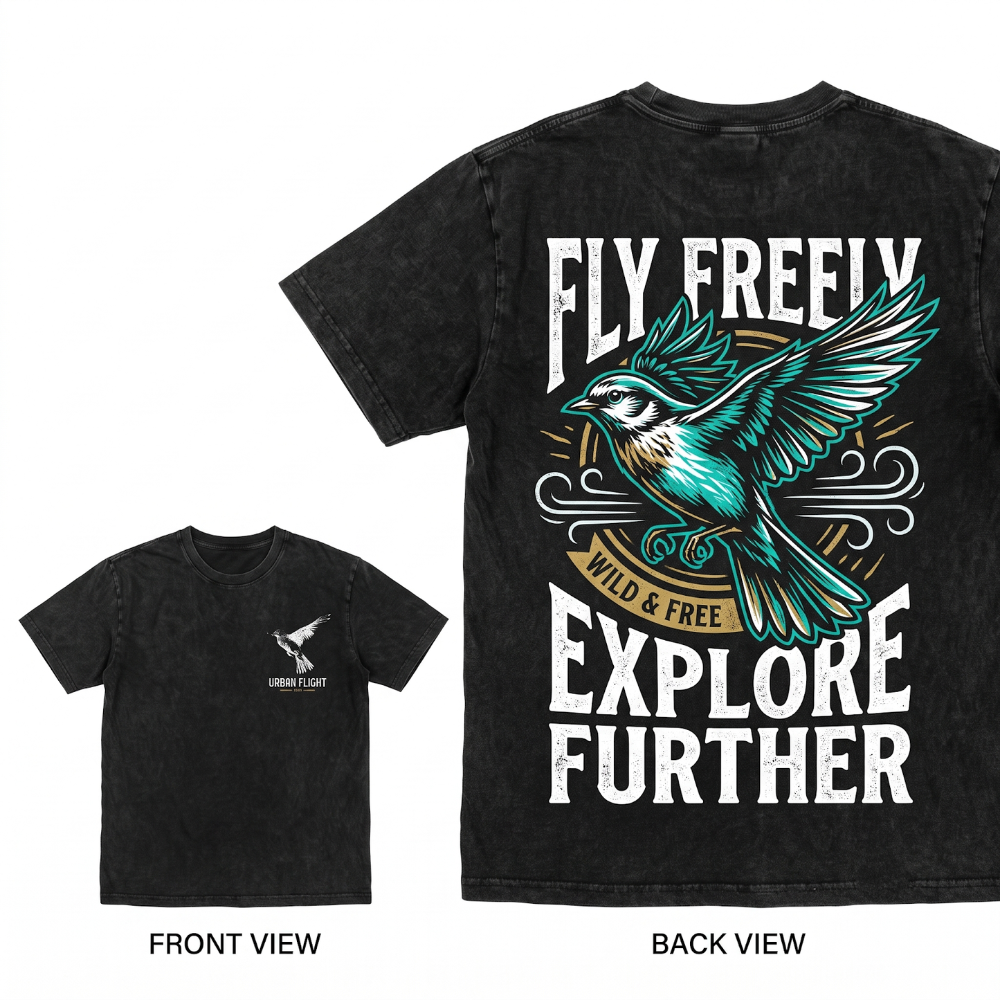 Ink Splatter Flying Bird Graphic Tee Graceful Songbird in Flight Apparel Tattoo Style Nature Art Gift Unisex Heavyweight Garment-Dyed T-Shirt